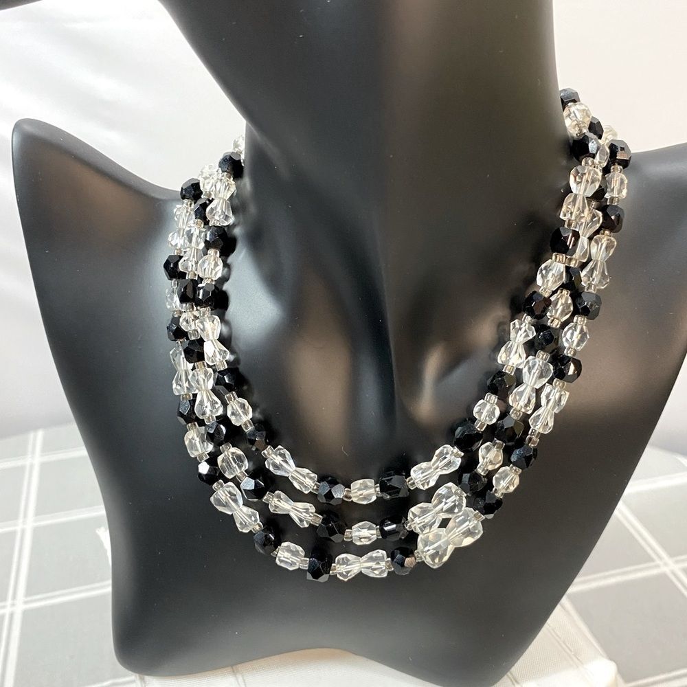 Vtg 50s Necklace 3 Strand Faceted Black and Clear Crystals Japan Silver Clasps